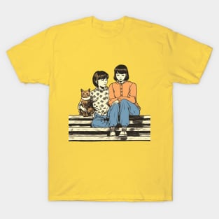 Two asian young girls sitting on stairs with cat T-Shirt